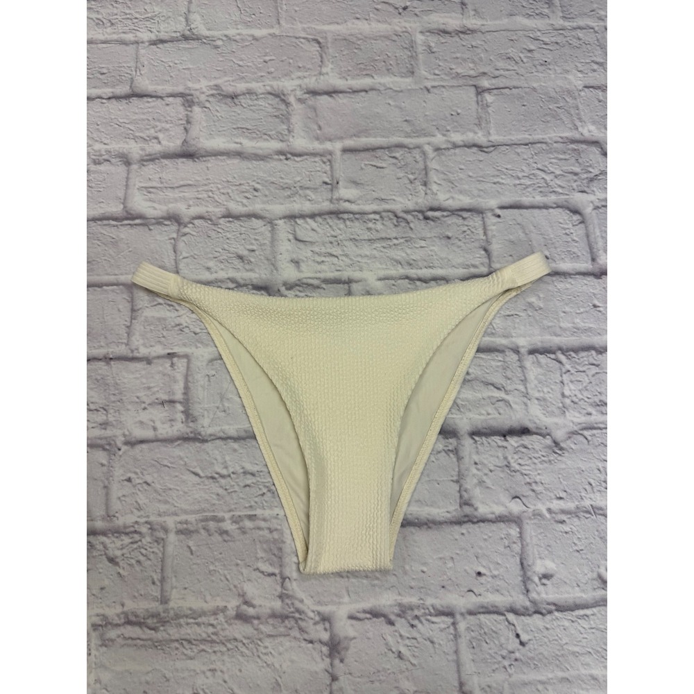 Monday Swimwear Bikini Bottom Ivory White Smocked Crinkle High Cut Cheeky Large